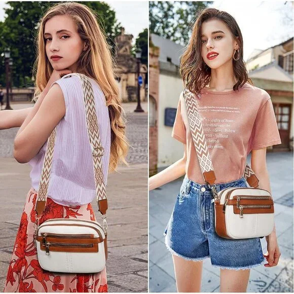 6-Pocket Crossbody Bags for Women, Vegan Leather Shoulder Handbags White Travel - Picture 6 of 7